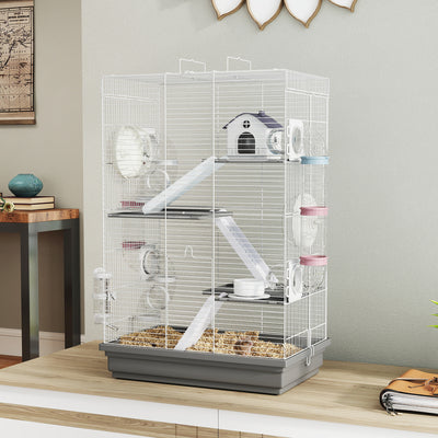 4-Level Large Hamster Cage with DIY Tubes, Water Bottle, Food Dish, Hut, Exercise Wheels, Grey
