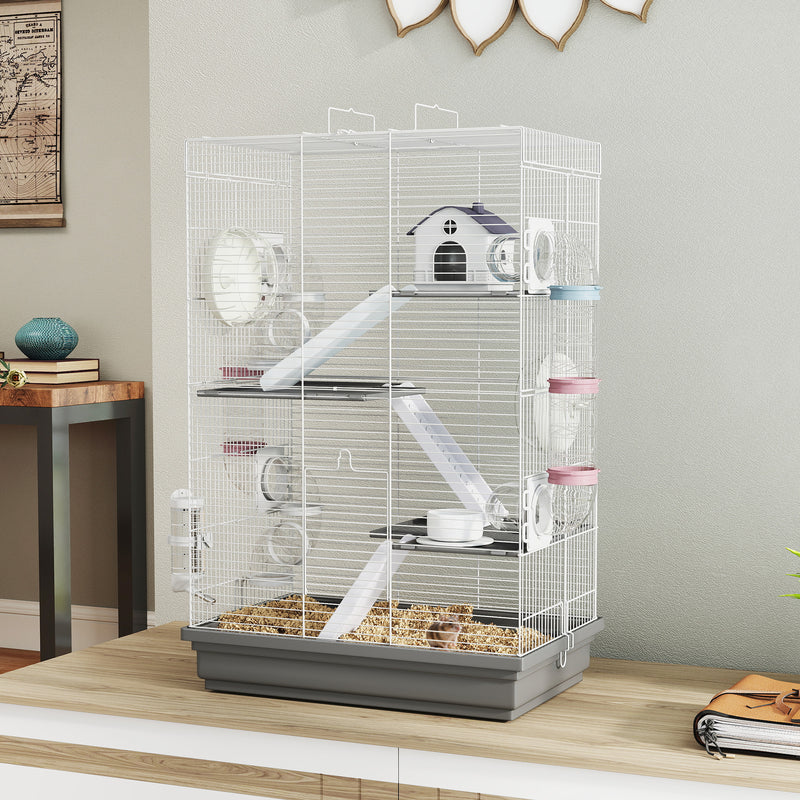 4-Level Large Hamster Cage with DIY Tubes, Water Bottle, Food Dish, Hut, Exercise Wheels, Grey