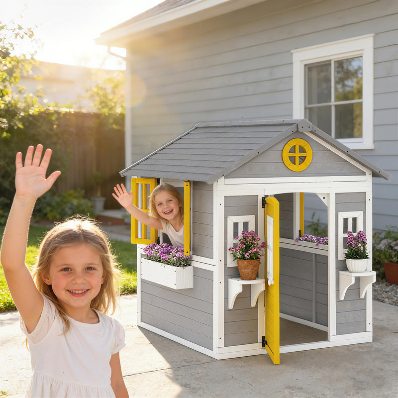 Wooden Playhouse for Kids Outdoor with Door, Windows, Planter Pots and Boxes for Toddlers 3-8 Years, Grey
