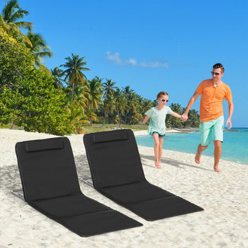 2 Pieces Beach Lounge Chair, Outdoor Folding Chaise Lounge Set w/ Pillow for Sunbath, Snap, Black