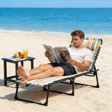 Outdoor Folding Lounge Chair, 4-Level Adjustable Chaise Lounge with Headrest, Tanning Chair Beach Bed, Reclining Lounger Cot for Camping, Hiking, Backyard, Multicoloured