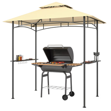 8' x 5' Outdoor Grill Gazebo, Double Tiered Barbecue Grill Gazebo Shelter with 2 Side Shelves, Hooks, Beige