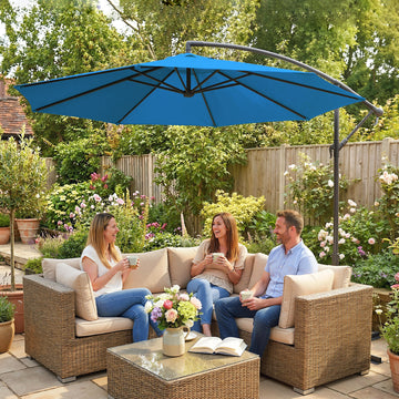 10ft Offset Patio Umbrella with Base, Garden Hanging Parasol with Crank, Banana Cantilever Umbrella Sun Shade, Blue