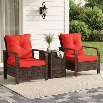 3 Pieces Wicker Patio Furniture Set, Rattan Bistro Set with Storage Coffee Table and Thickened Cushions, Outdoor Conversation Set for Garden, Porch, Balcony, Mixed Grey, Red