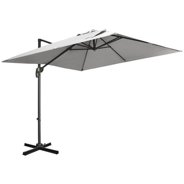 9ft Cantilever Patio Umbrella, Square Overhanging Umbrella with Cross Base, Crank Handle, Tilt, 360° Rotation and Aluminum Frame, Light Grey