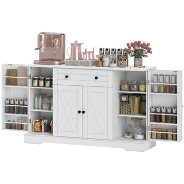 Sideboard Buffet Cabinet, Farmhouse Coffee Bar Cabinet with Door Shelves, Adjustable Shelves, Drawer, Barn Doors, White