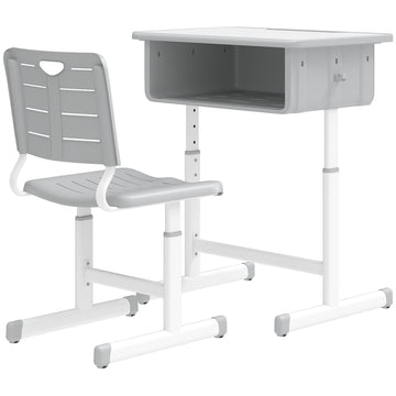 Qaba Kids Desk and Chair Set, Height Adjustable Children Study Desk and Chair with Drawer, Study Table for Bedroom, Grey