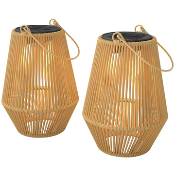 2 Pack Wicker Solar Lanterns Outdoor Waterproof Hanging Lights with Auto On/Off and Handles, Brown