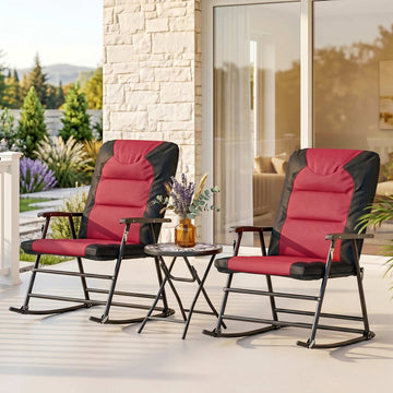 3pc Patio Foldable Rocking Chair Set, Outdoor Rocking Chairs and Table Bistro Set w/ Padded Seat, Headrest, Backrest for park, backyard, garden, Red