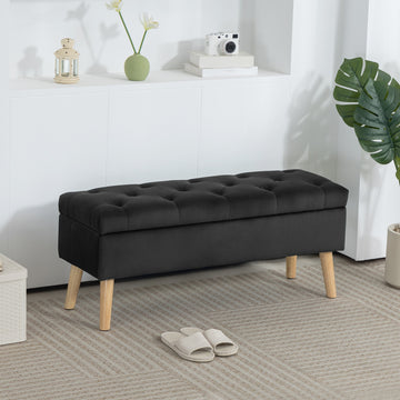 Storage Ottoman with Lid, Velvet Upholstered Storage Bench with Wood Legs for Living Room, Black