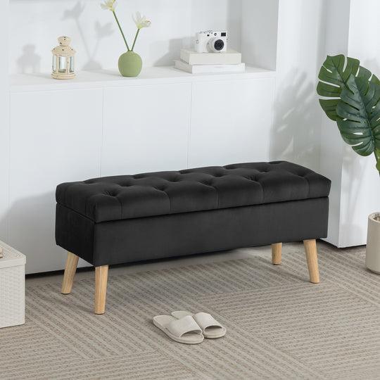 Storage Ottoman with Lid, Velvet Upholstered Storage Bench with Wood Legs for Living Room, Black