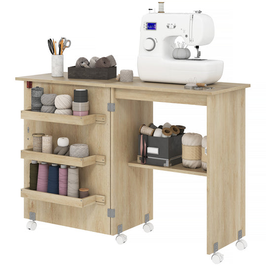 Sewing Machine Cabinet, Folding Sewing Table with Storage Shelf, Bins and Lockable Wheels for Small Space, Nature Wood