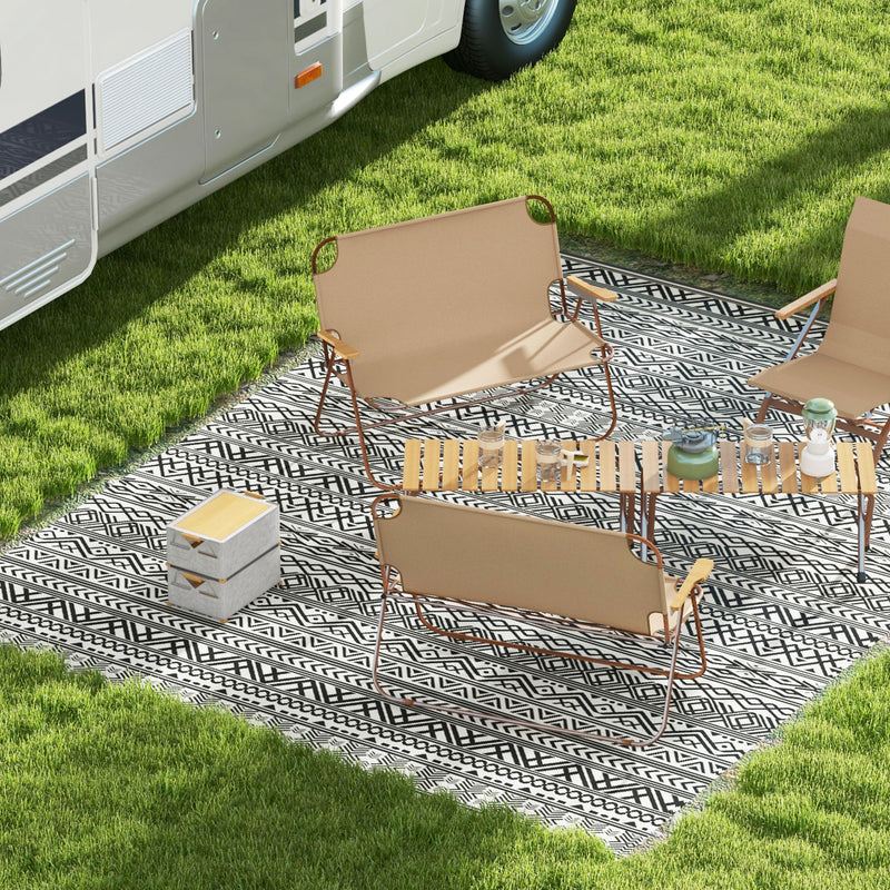 Reversible Outdoor Rug Waterproof Plastic Straw RV Rug with Carry Bag, 9' x 12', Grey and Cream White Boho