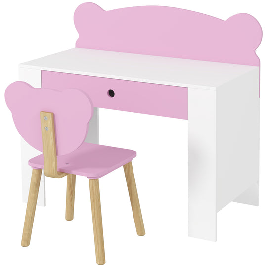 Kids Desk and Chair Set with Drawer for Drawing, Reading, Bear Theme Children Furniture for Bedroom, Daycare, Pink