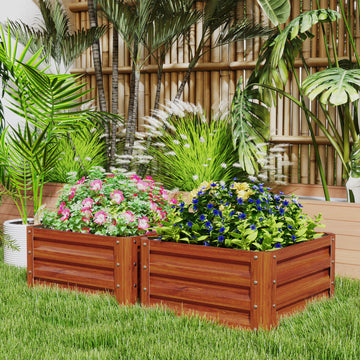 2' x 2' x 1' 2-Pieces Raised Garden Bed w/ Galvanised Steel Frame for Vegetables Flowers Herbs, Dark Brown Wood Effect