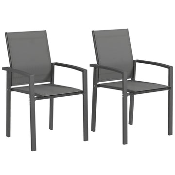 Set of 2 Outdoor Garden Chairs, Stackable Patio Dining Chairs with Breathable Fabric, Armrests and Backrest, Dark Grey