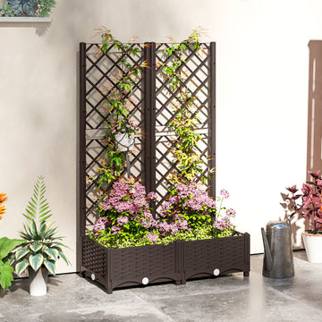 Raised Garden Bed with Trellis, Plastic Raised Flower Bed with Drainage Holes and Drain Plugs, 32