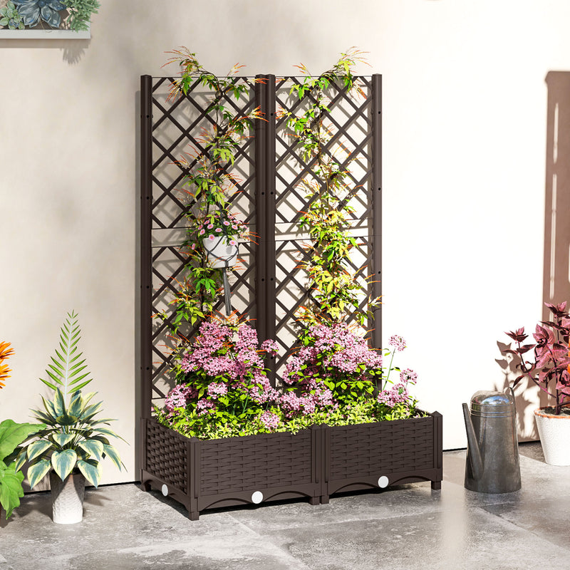 Raised Garden Bed with Trellis, Plastic Raised Flower Bed with Drainage Holes and Drain Plugs, 32