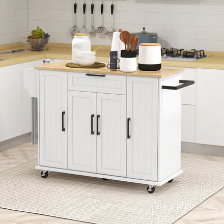 Modern Rolling Kitchen Island Cart with Drawers, Natural Wood Top, Towel Rack, Door Storage Cabinet