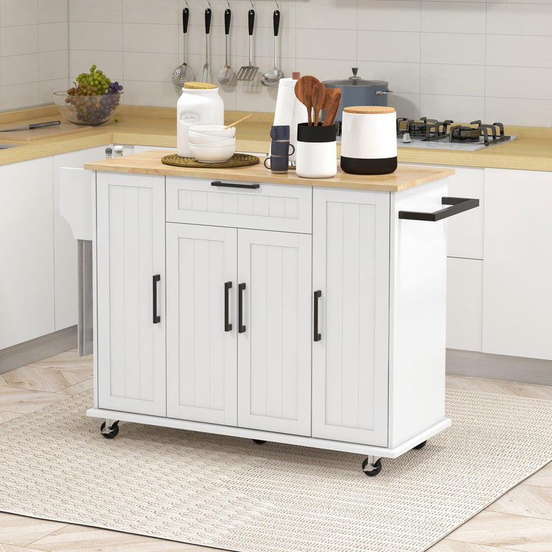 Modern Rolling Kitchen Island Cart with Drawers, Natural Wood Top, Towel Rack, Door Storage Cabinet