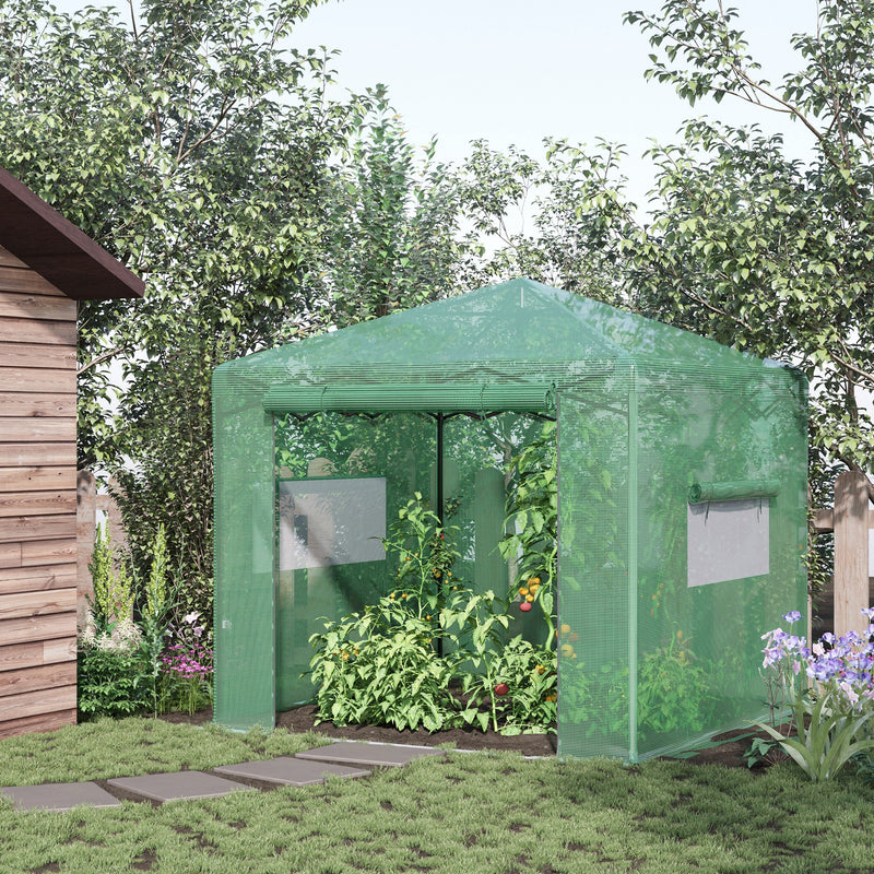 Portable Pop Up Greenhouse, Outdoor Walk-in Hot House with Roll-up Door & 2 Windows, 8' x 6' , Green
