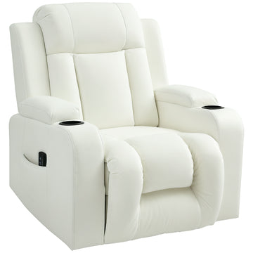 Swivel Massage Recliner Chair Rocker, Overstuffed Manual Reclining Sofa, PU Leather Rocking Chair with Side Pockets, Cup Holders, for Living Room, Nursery, Cream White