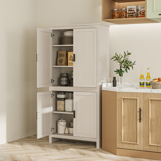 Armoire de cuisine 64 po, meuble de rangement autonome avec 4 portes, 3 tablettes ajustables, blanc antique