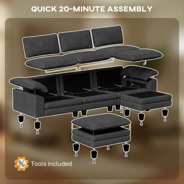 Sectional Sofa, L Shaped Sofa with Deep Seat, Movable Ottoman and Pillow-top Armrests, Dark Grey