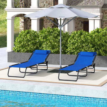 2 PCs Folding Lounge Chairs, Adjustable Chaise Lounge with Headrest, Reclining Lounger Cot for Camping, Hiking, Blue