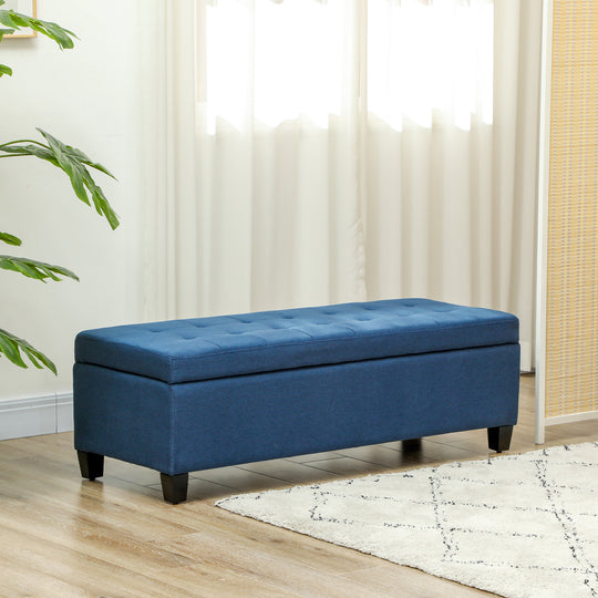 Rectangular Entry Bench, Tufted Upholstered Linen Fabric Wood Feet Storage Ottoman Bench, Blue