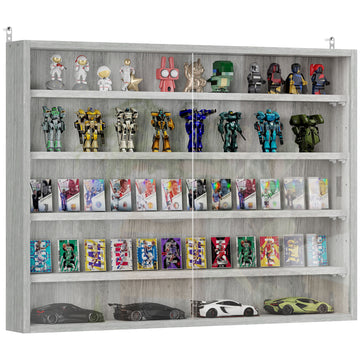 5-Tier Display Cabinet, Shot Glass Display Case, Glass Curio Cabinet with 2 Glass Doors and 4 Adjustable Shelves, Grey