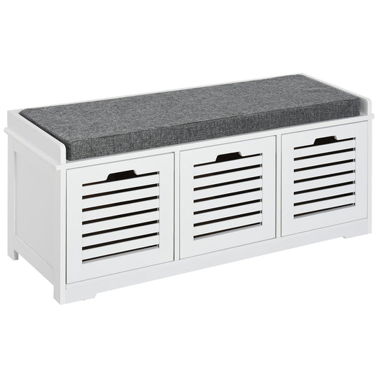 Upholstered Shoe Cabinet Storage Bench with Padded Cushion, with 3 drawer Enough Storage Space Bench Stool for Living Room Entryway Furniture, White
