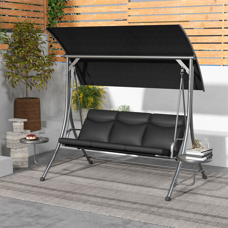 3 Seat Outdoor Swing Chair Steel Swing Bench Porch Swing With Adjustable Canopy, Coffee Tables and Cushion for Patio Garden, Dark, Black
