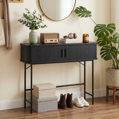 Mid-Century Entryway Table, Narrow Console Table with Storage Compartments for Behind Couch, Living Room, Black