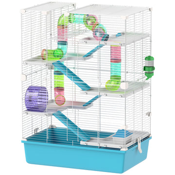 6 Tier Hamster Cage w/ Tunnels and Tubes, Hut, Wheel, Food Dish, Water Bottle, Ramps, for Dwarf & Gerbil, Light Blue