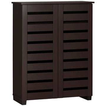Narrow Shoe Cabinet with 2 Slatted Doors, Modern Shoe Storage Cabinet with Adjustable Shelves for Entryway, Hallway, Living Room, Holds 15 Pairs, Dark Brown