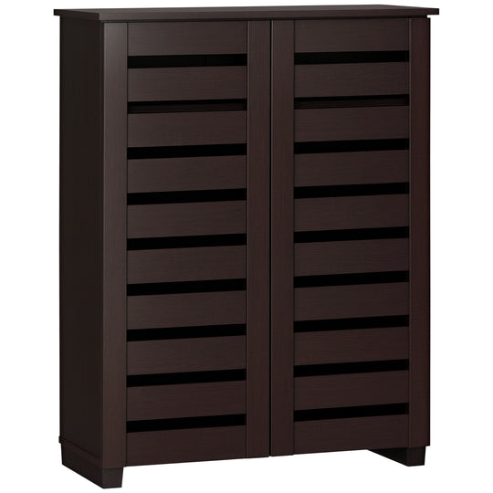 Narrow Shoe Cabinet with 2 Slatted Doors, Modern Shoe Storage Cabinet with Adjustable Shelves for Entryway, Hallway, Living Room, Holds 15 Pairs, Dark Brown