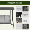 3 Person Porch Swing Outdoor Swing Chair with High Back Design, Side Pouches and Adjustable Canopy, Mixed Grey