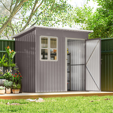 7' x 4' Galvanised Steel Outdoor Storage Shed, Garden Shed with Window, Lockable Wide Door and Air Vents, Grey