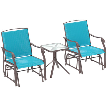 3 Piece Patio Glider Set Outdoor Gliders with Breathable Mesh Seat, Glass Top Table for Garden, Yard, Blue