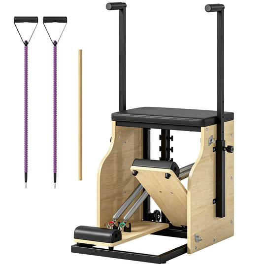 Pilates Chair, Wunda Chair with Resistance Bands, Wheels, Adjustable Handles & Springs, Wooden Pilates Reformer Machine