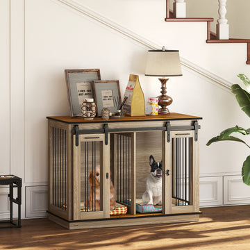 47in Dog Crate Furniture with Divider Panel, Wooden Dog Kennel TV Stand for Large Dogs, Pet House Side Table for 2 Small Dogs with Two Rooms Design, 2 Sliding Doors, Oak