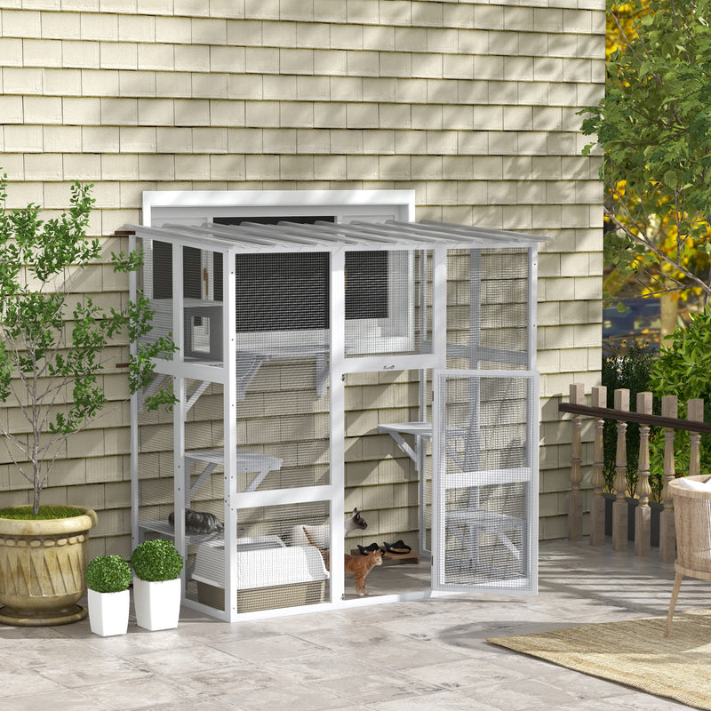 Outdoor Cat Enclosure Window Box with Weatherproof Roof, Bridge, Resting Box, Platforms, for 2 Kittens, White