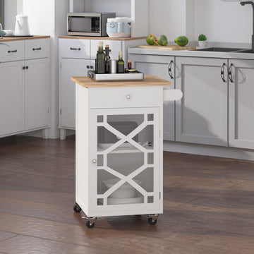 Kitchen Cart on Wheels, Rolling Kitchen Island with Drawer, Glass Door, Towel Rack and Adjustable Shelf, White