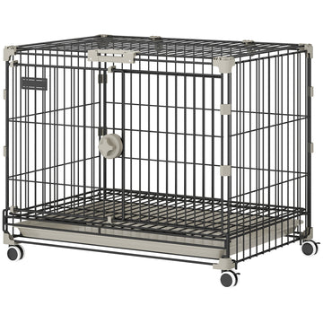 Foldable Dog Crate, 24 Inch Metal Dog Cage with Removable Tray, Lockable Wheels, 2 Doors for Small Medium Breeds, Black