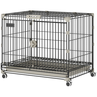Foldable Dog Crate, 24 Inch Metal Dog Cage with Removable Tray, Lockable Wheels, 2 Doors for Small Medium Breeds, Black