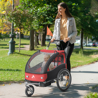 2-in-1 Bike Trailer for Kids, Foldable 2-Seat Baby Stroller with 5-Point Harness, Rubber Wheels, Storage Bag, Red