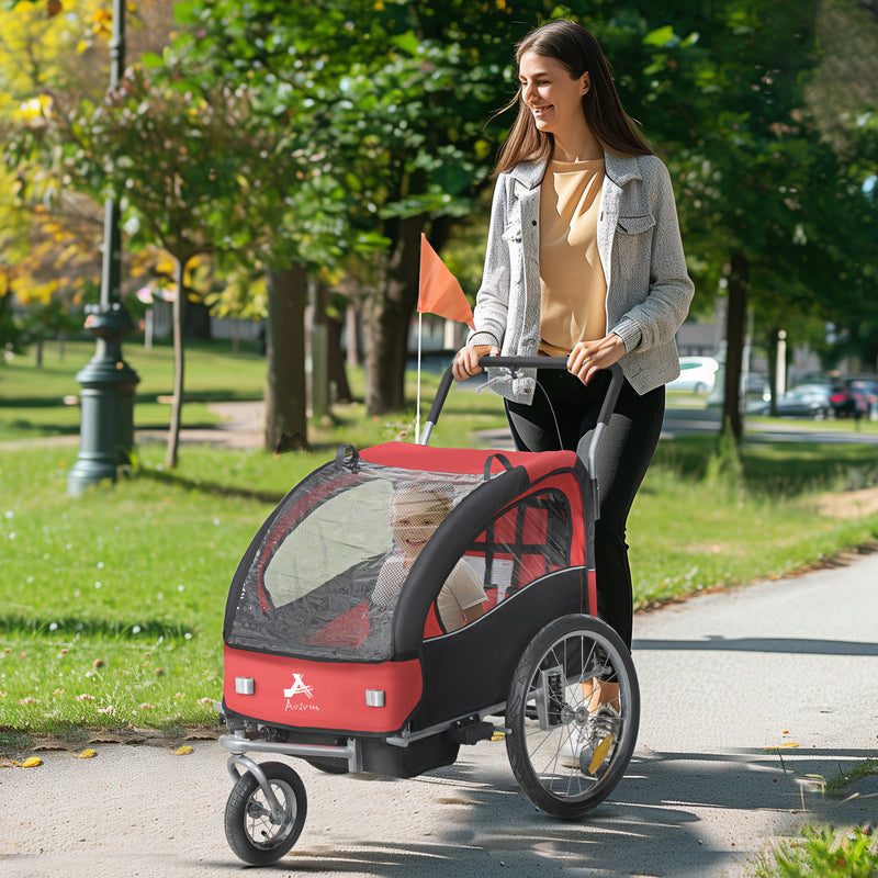 2-in-1 Bike Trailer for Kids, Foldable 2-Seat Baby Stroller with 5-Point Harness, Rubber Wheels, Storage Bag, Red