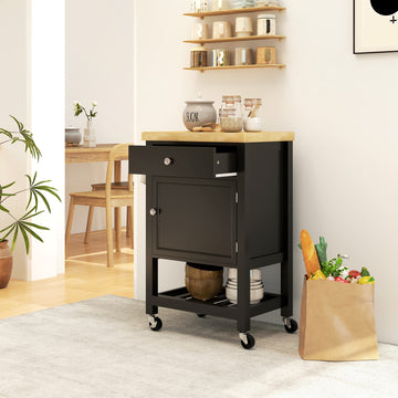 Kitchen Island on Wheels, Rolling Kitchen Cart with Wood Top, Towel Rack, Drawer and Shelf for Dining Area, Black