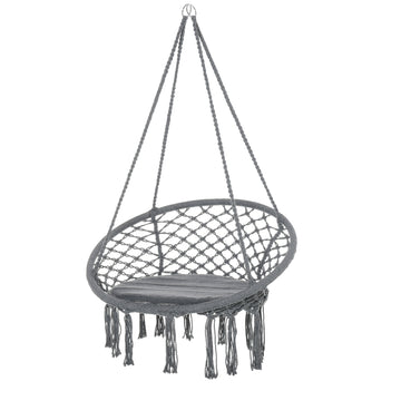 Patio Hammock Chair, Hanging Rope Hammock Swing for Indoor & Outdoor Use with Backrest, Cotton-Polyester Blend, Fringe Tassels, Dark Grey